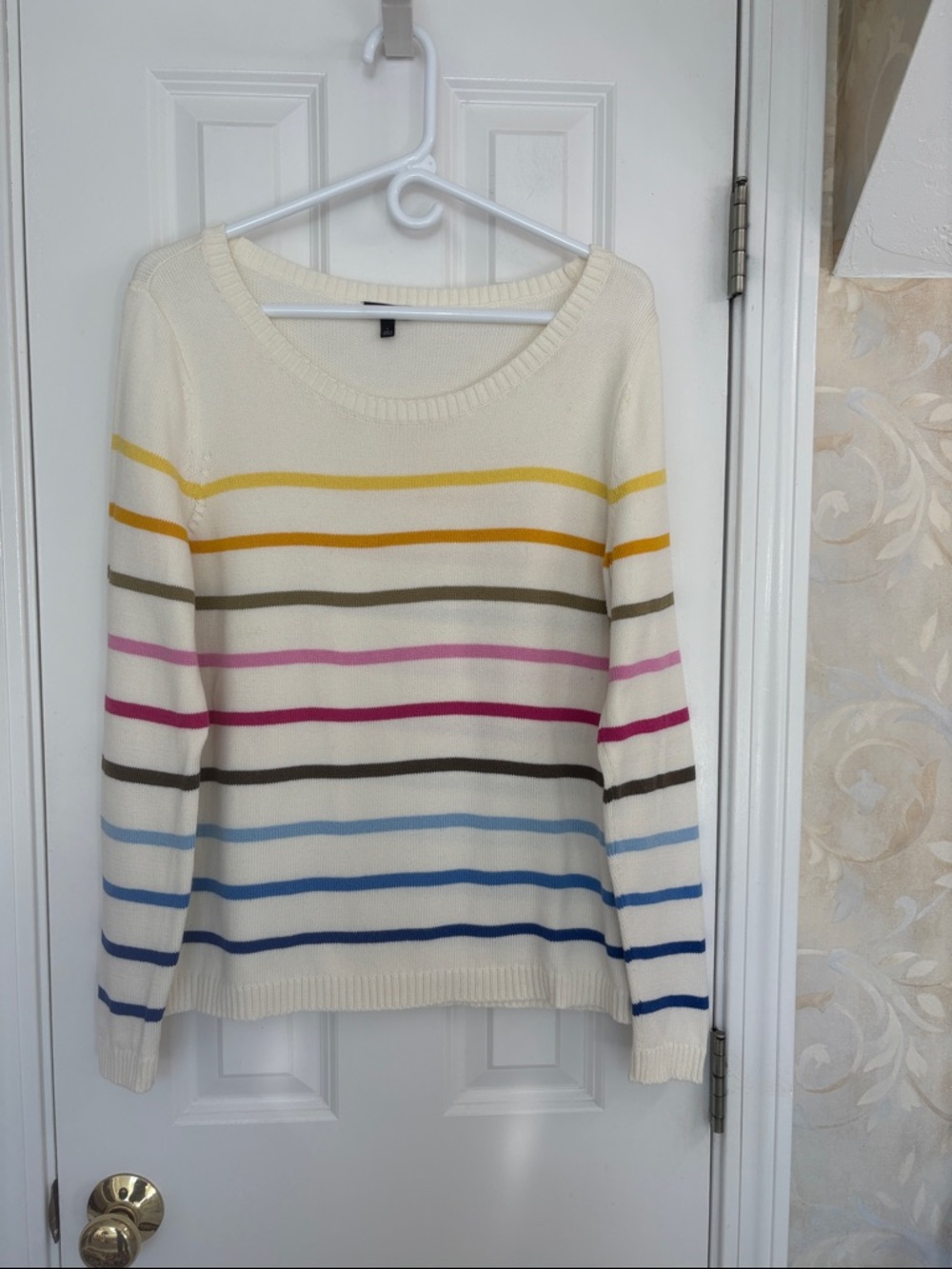 Talbots Multicolored Striped Knit Sweater with Cream Background.